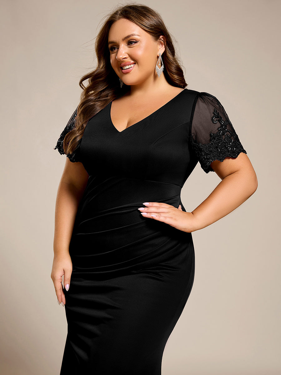 Plus Size Short Sleeve Ruffled Fishtail V-Neck Evening Dress #color_Black