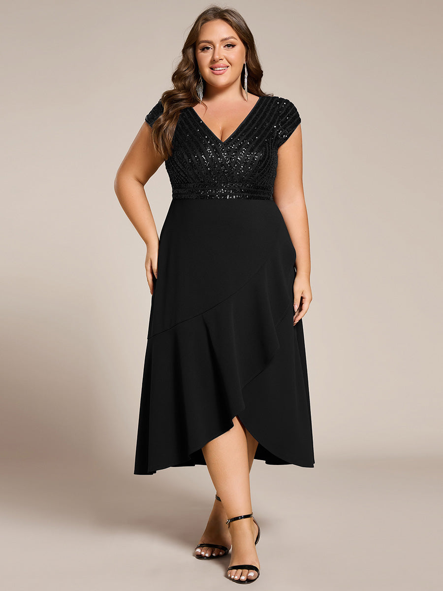 Short Sleeve Sequin Asymmetrical Chiffon Midi Evening Dress #color_Black