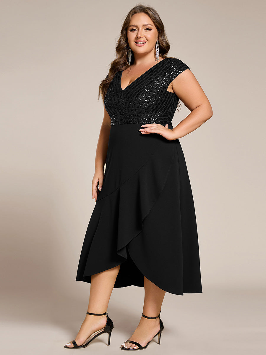 Short Sleeve Sequin Asymmetrical Chiffon Midi Evening Dress #color_Black