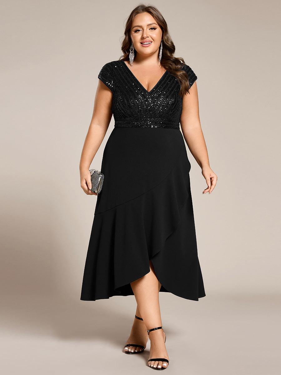 Short Sleeve Sequin Asymmetrical Chiffon Midi Evening Dress #color_Black