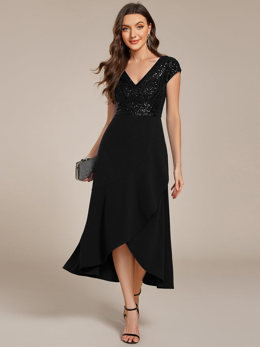 Short Sleeve Sequin Asymmetrical Chiffon Midi Evening Dress #color_Black