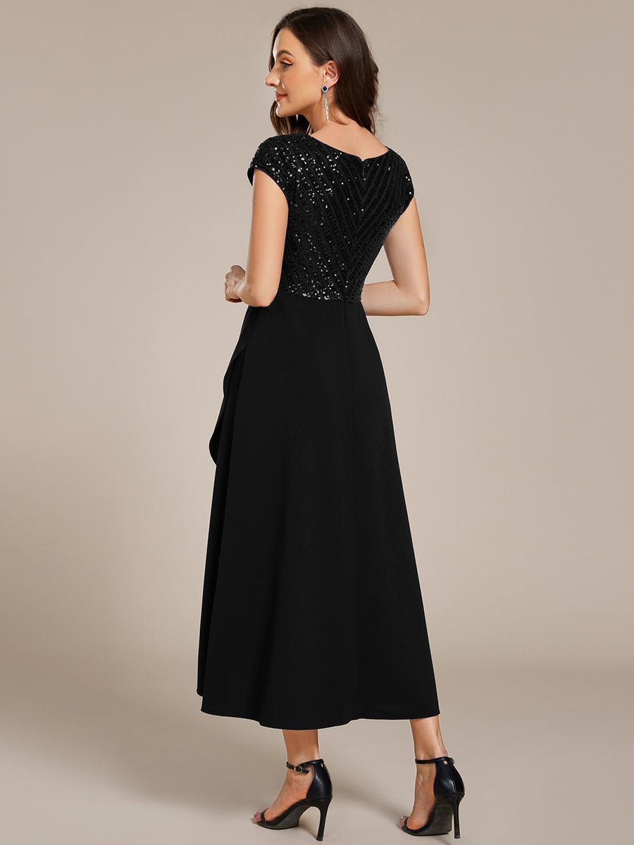 Short Sleeve Sequin Asymmetrical Chiffon Midi Evening Dress #color_Black