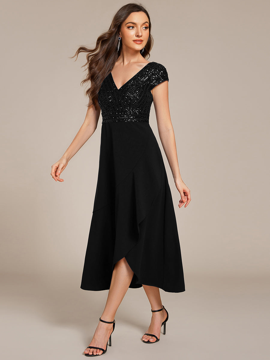 Short Sleeve Sequin Asymmetrical Chiffon Midi Evening Dress #color_Black