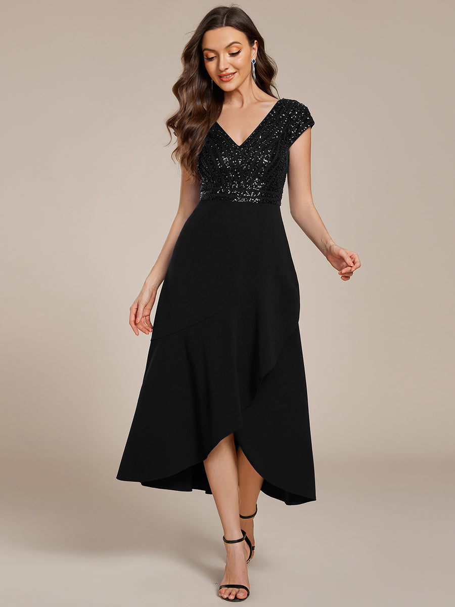 Short Sleeve Sequin Asymmetrical Chiffon Midi Evening Dress #color_Black