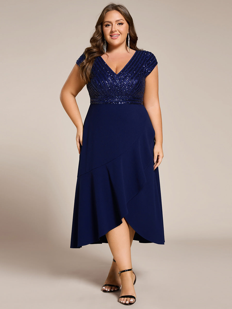 Short Sleeve Sequin Asymmetrical Chiffon Midi Evening Dress #color_Navy Blue