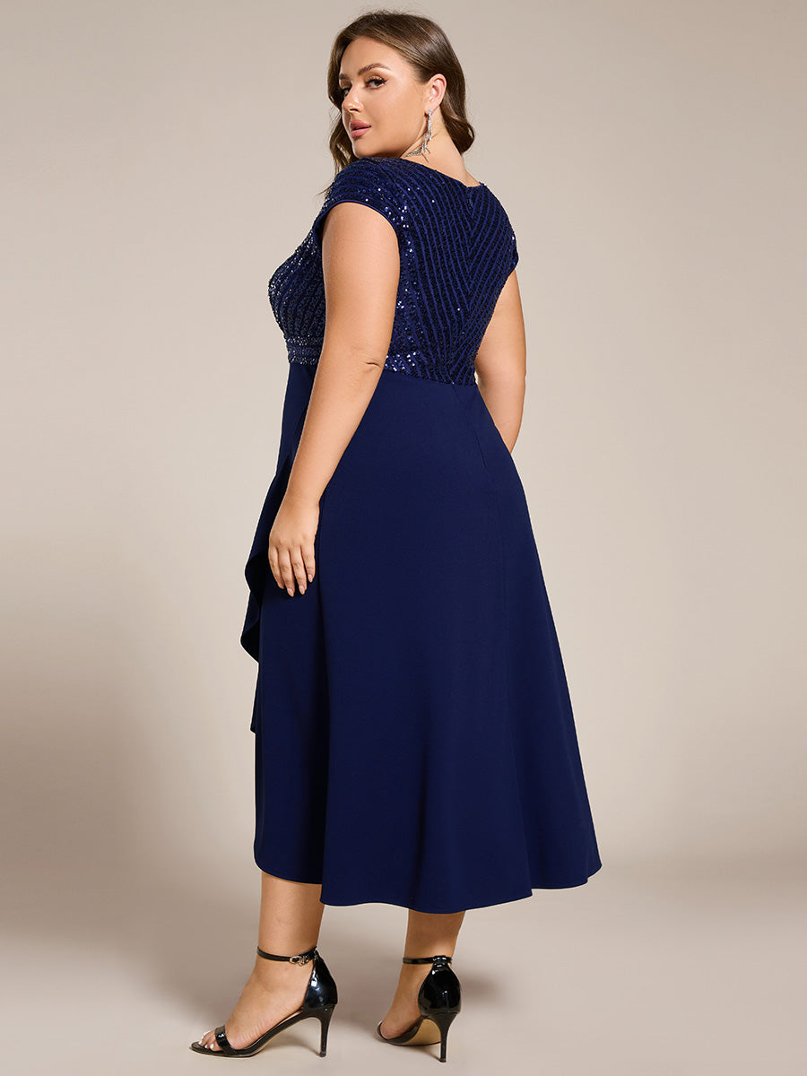 Short Sleeve Sequin Asymmetrical Chiffon Midi Evening Dress #color_Navy Blue