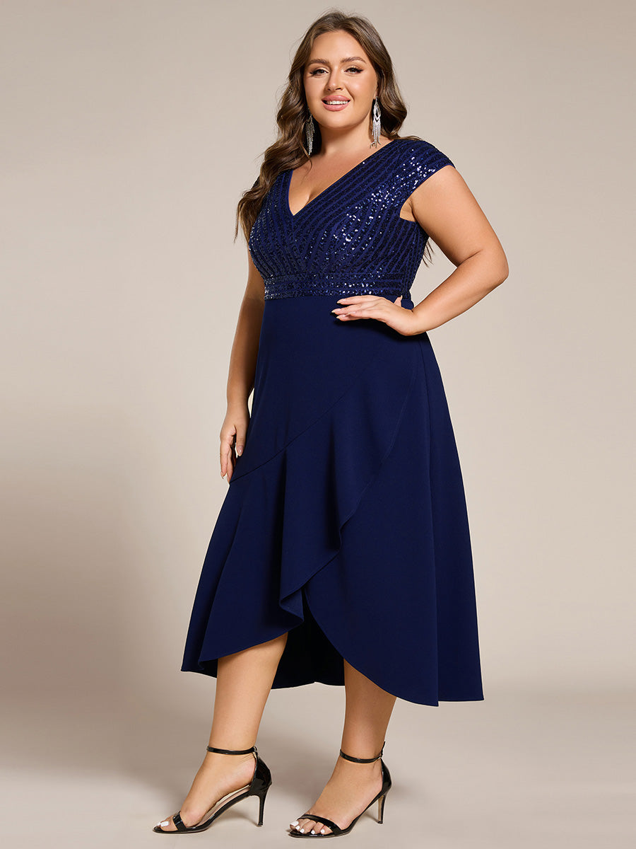 Short Sleeve Sequin Asymmetrical Chiffon Midi Evening Dress #color_Navy Blue