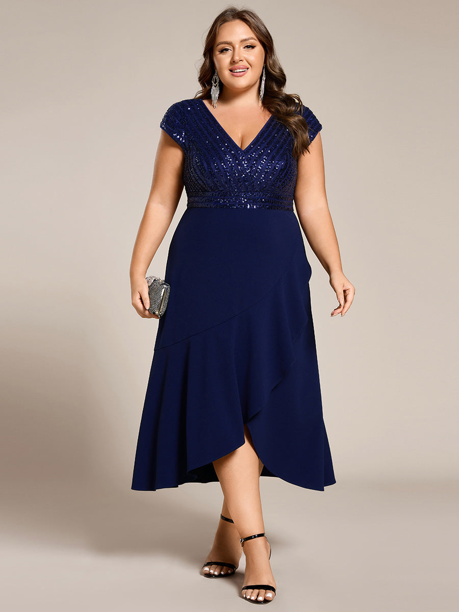 Short Sleeve Sequin Asymmetrical Chiffon Midi Evening Dress #color_Navy Blue