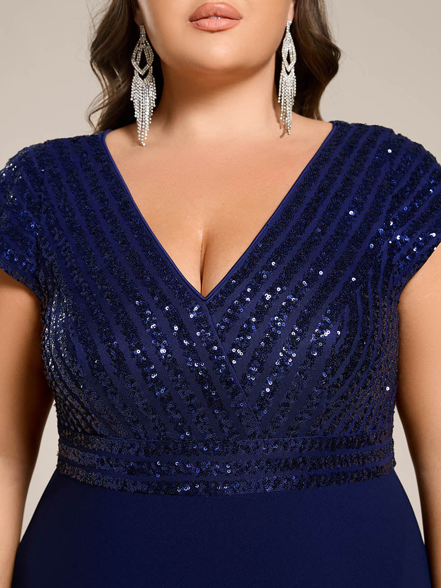 Short Sleeve Sequin Asymmetrical Chiffon Midi Evening Dress #color_Navy Blue