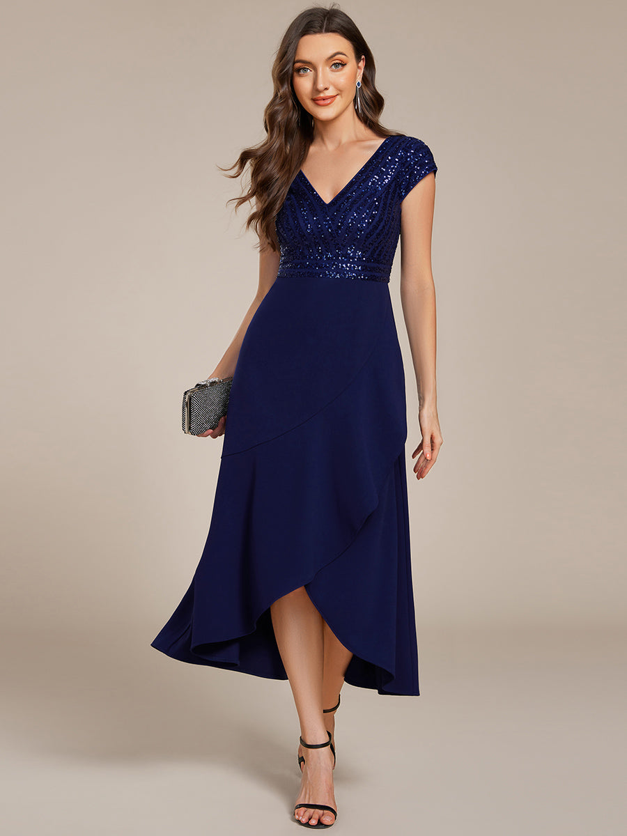 Short Sleeve Sequin Asymmetrical Chiffon Midi Evening Dress #color_Navy Blue