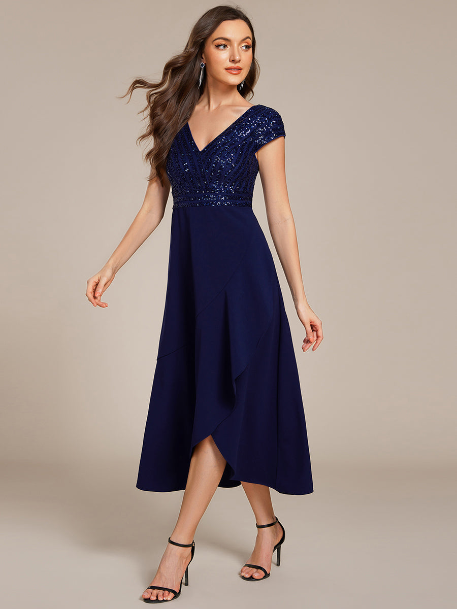 Short Sleeve Sequin Asymmetrical Chiffon Midi Evening Dress #color_Navy Blue