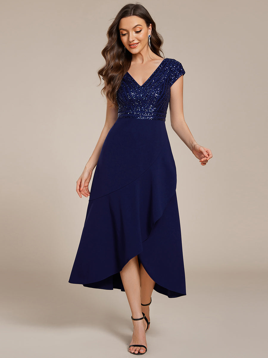 Short Sleeve Sequin Asymmetrical Chiffon Midi Evening Dress #color_Navy Blue