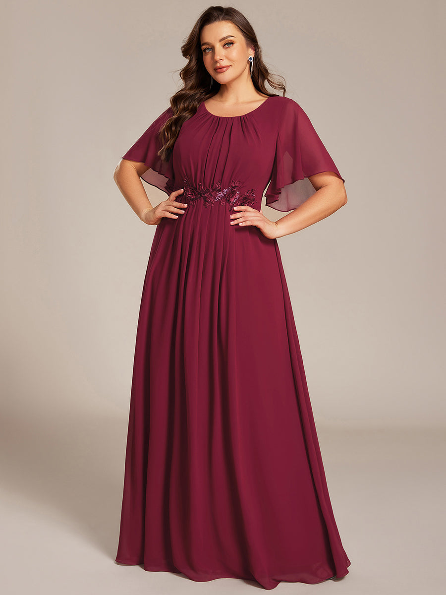 Pleated Short Sleeve Ruffled Maxi Evening Dress #color_Burgundy