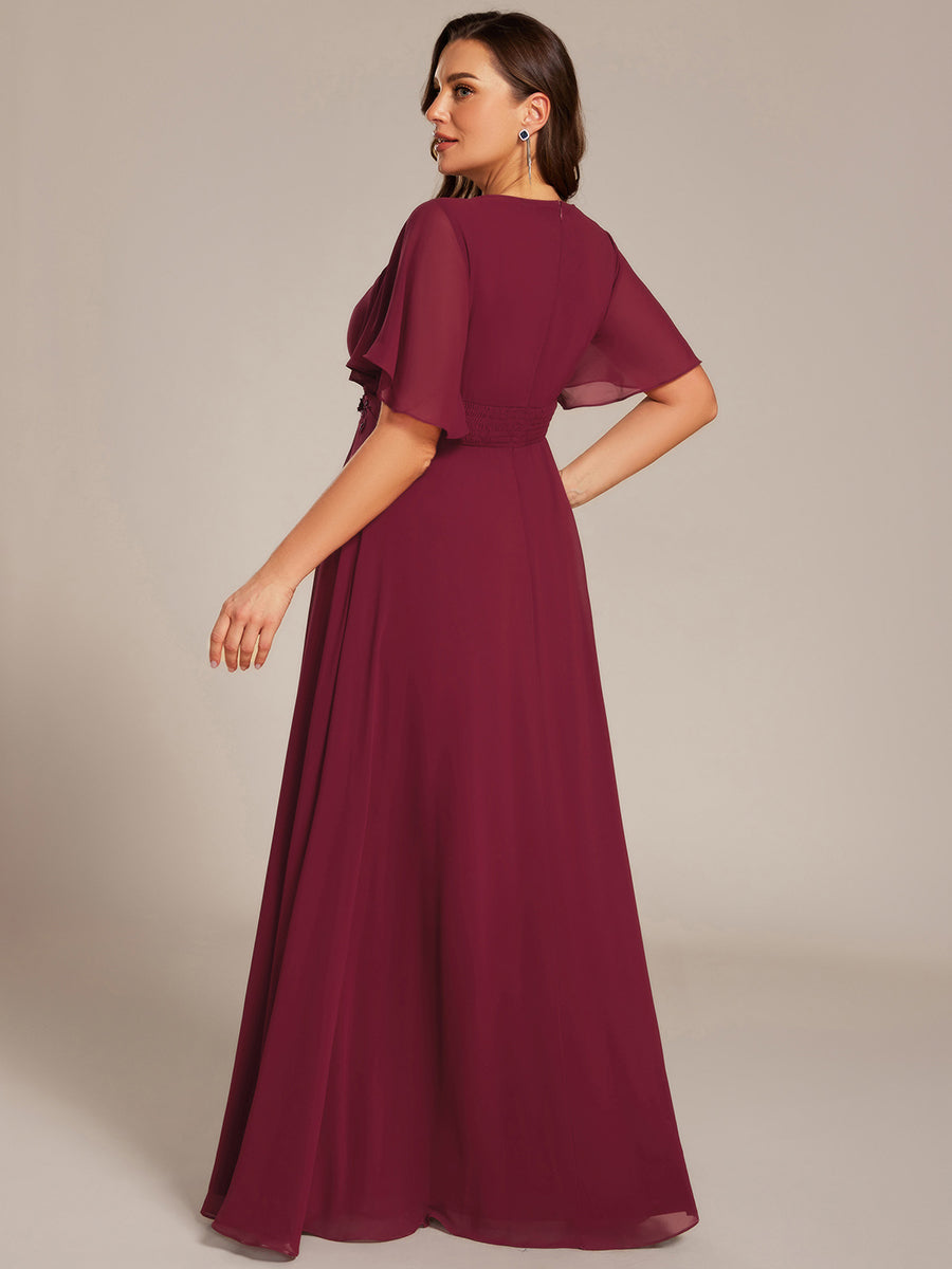 Pleated Short Sleeve Ruffled Maxi Evening Dress #color_Burgundy