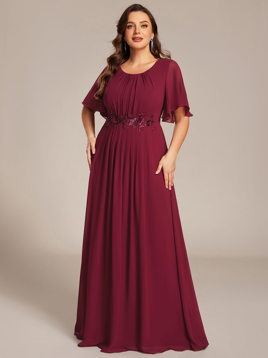 Pleated Short Sleeve Ruffled Maxi Evening Dress #color_Burgundy