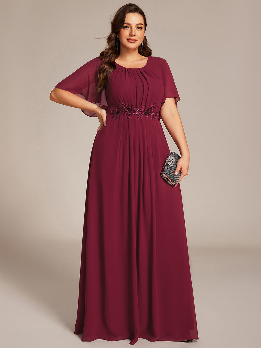 Pleated Short Sleeve Ruffled Maxi Evening Dress #color_Burgundy