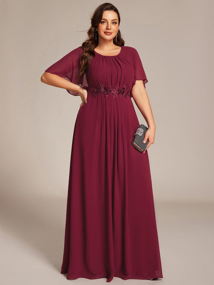 Plus Size Pleated Short Sleeve Ruffled Maxi Evening Dress #color_Burgundy