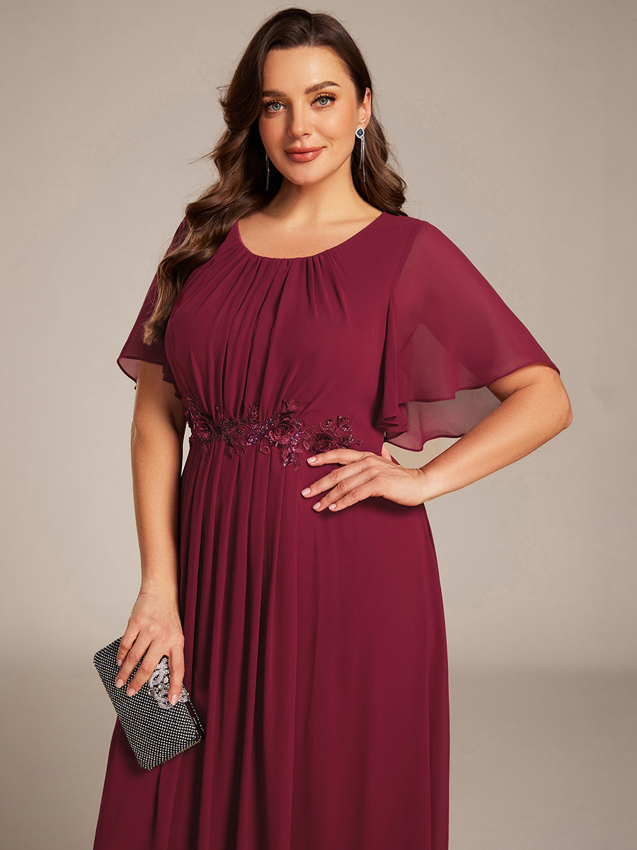 Pleated Short Sleeve Ruffled Maxi Evening Dress #color_Burgundy