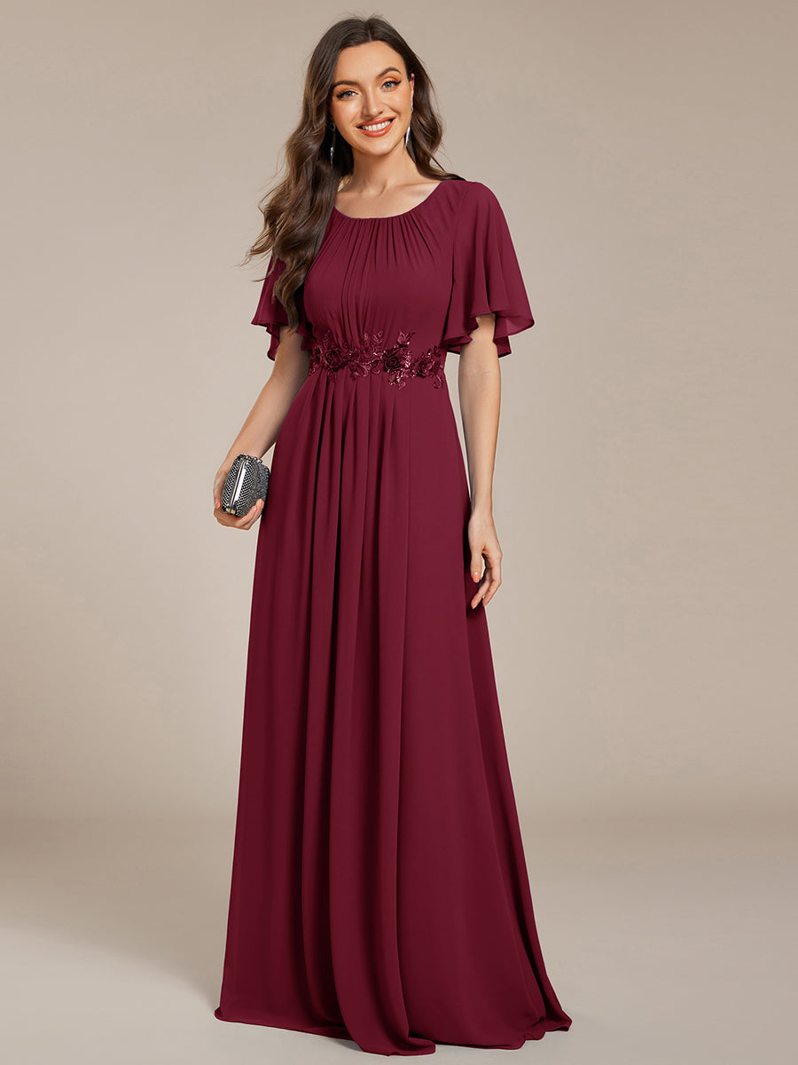 Pleated Short Sleeve Ruffled Maxi Evening Dress #color_Burgundy