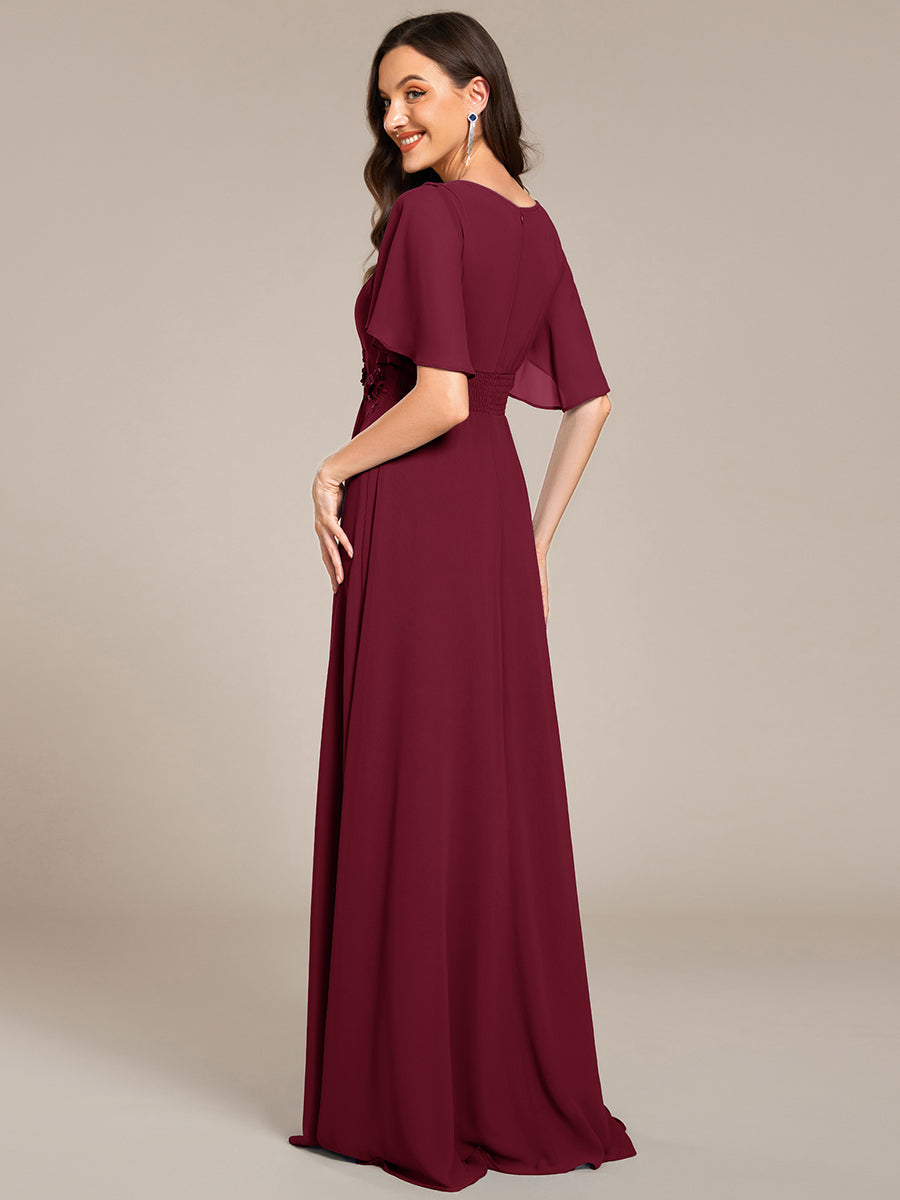 Pleated Short Sleeve Ruffled Maxi Evening Dress #color_Burgundy