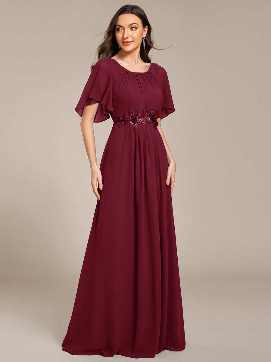 Pleated Short Sleeve Ruffled Maxi Evening Dress #color_Burgundy