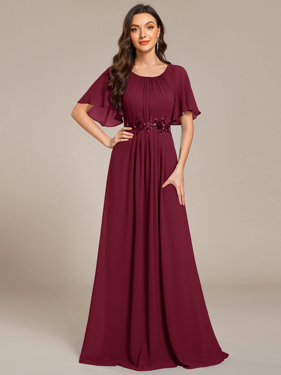 Pleated Short Sleeve Ruffled Maxi Evening Dress #color_Burgundy