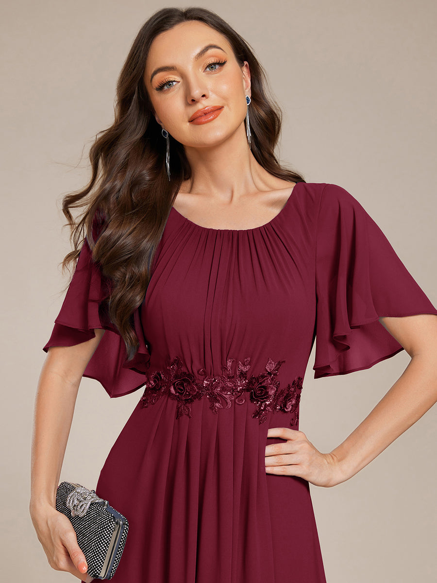 Pleated Short Sleeve Ruffled Maxi Evening Dress #color_Burgundy