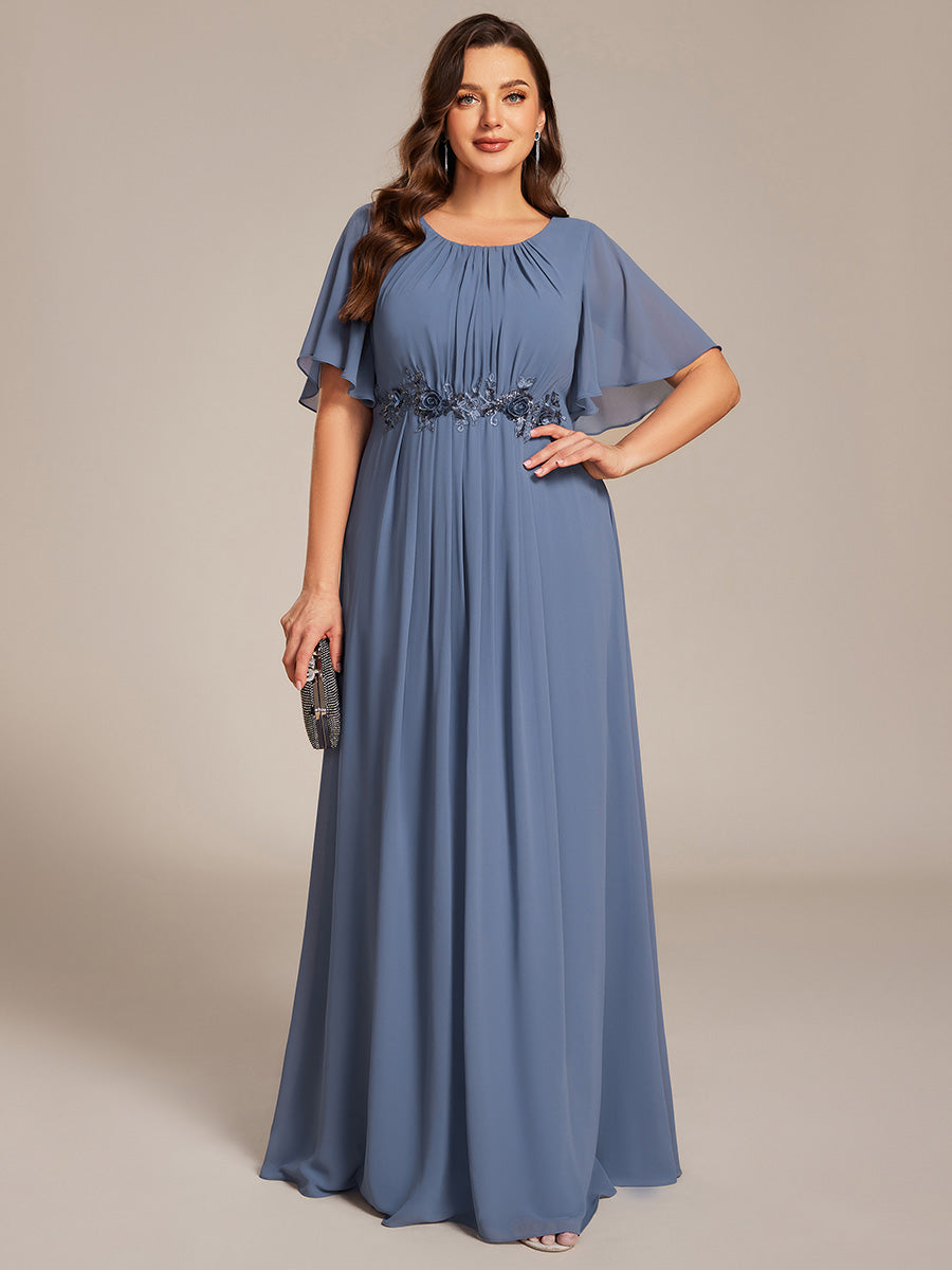 Pleated Short Sleeve Ruffled Maxi Evening Dress #color_Dusty Blue