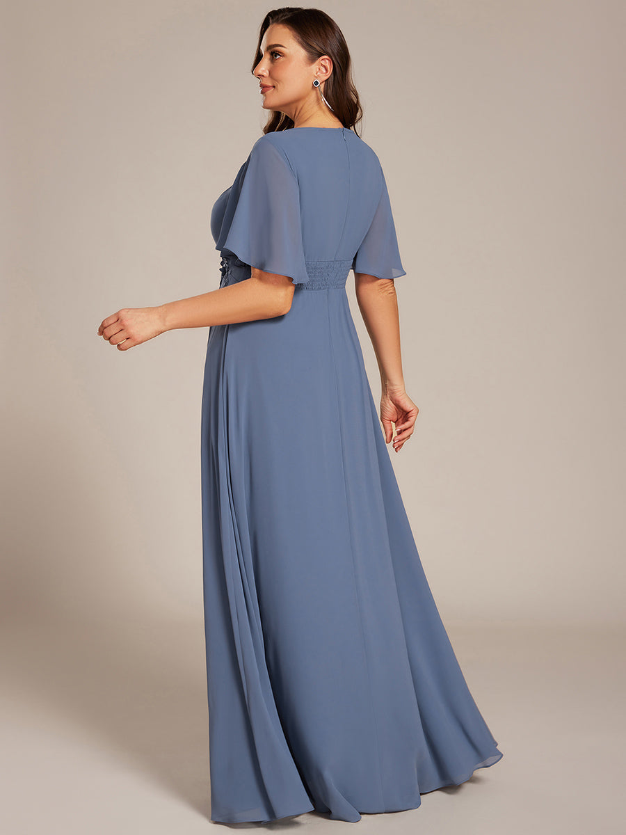 Pleated Short Sleeve Ruffled Maxi Evening Dress #color_Dusty Blue