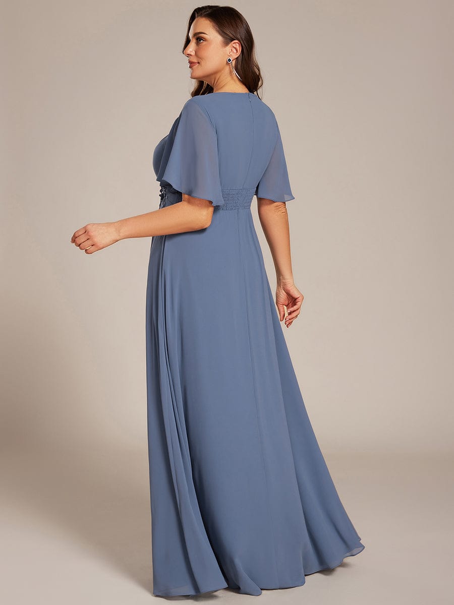 Plus Size Pleated Short Sleeve Ruffled Maxi Evening Dress #color_Dusty Blue