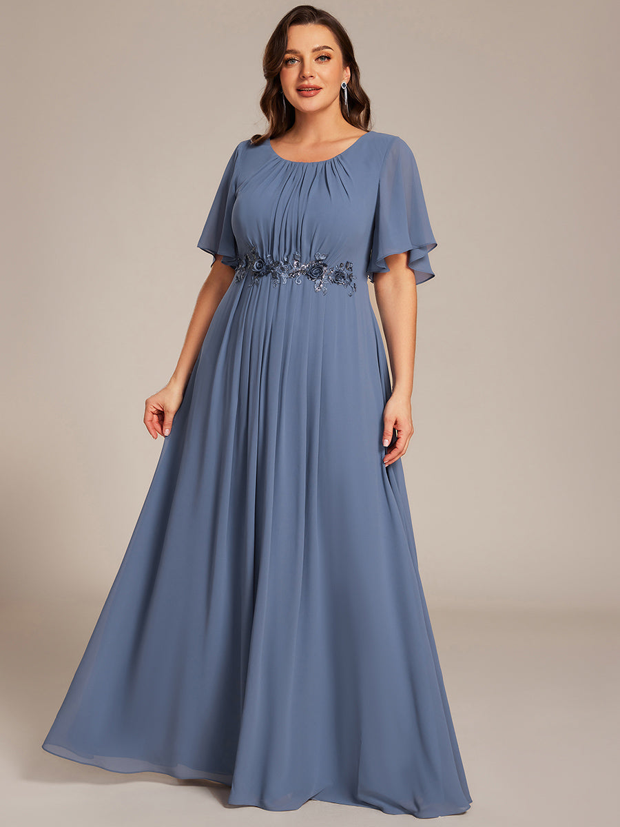 Pleated Short Sleeve Ruffled Maxi Evening Dress #color_Dusty Blue