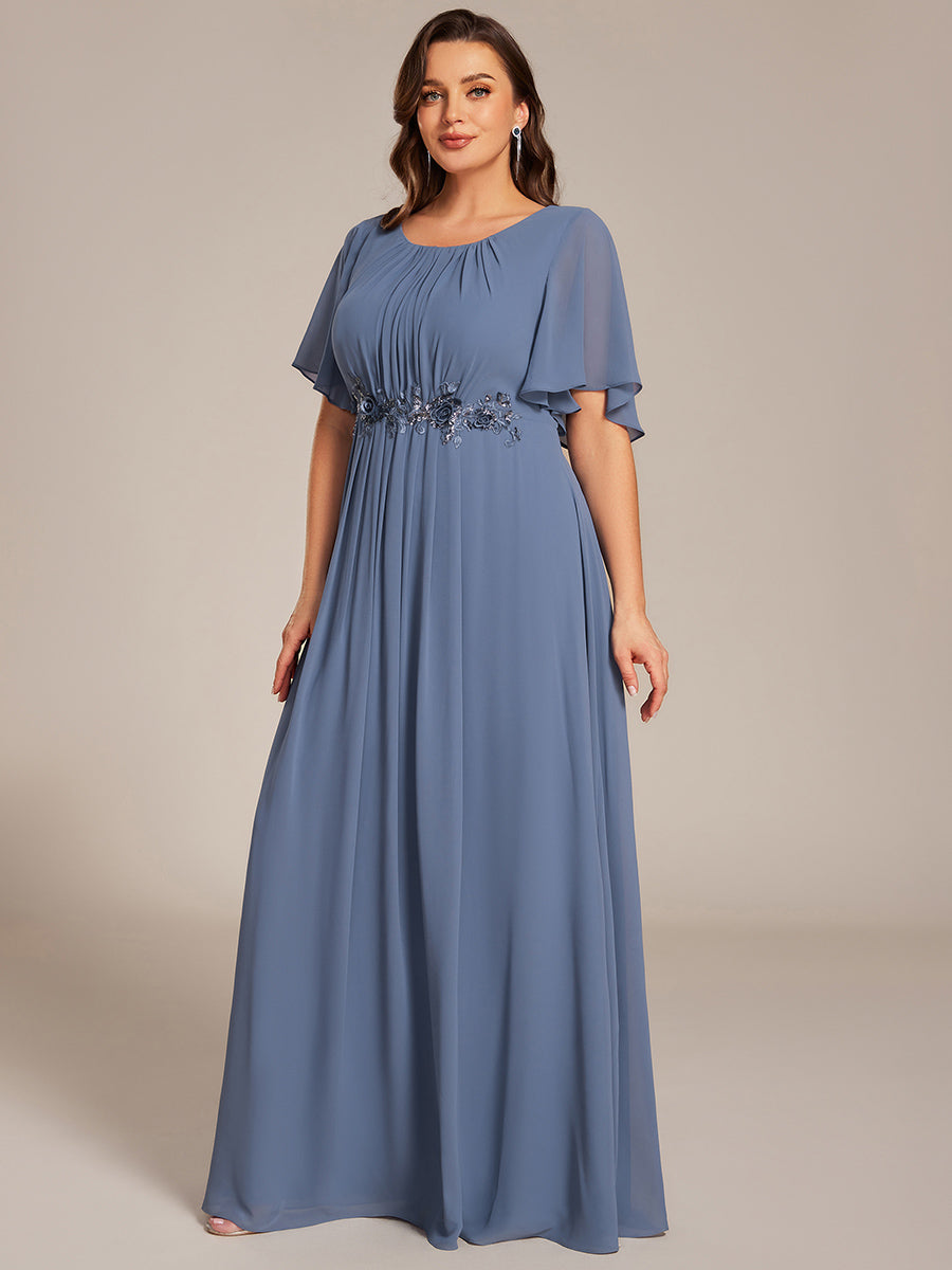 Pleated Short Sleeve Ruffled Maxi Evening Dress #color_Dusty Blue