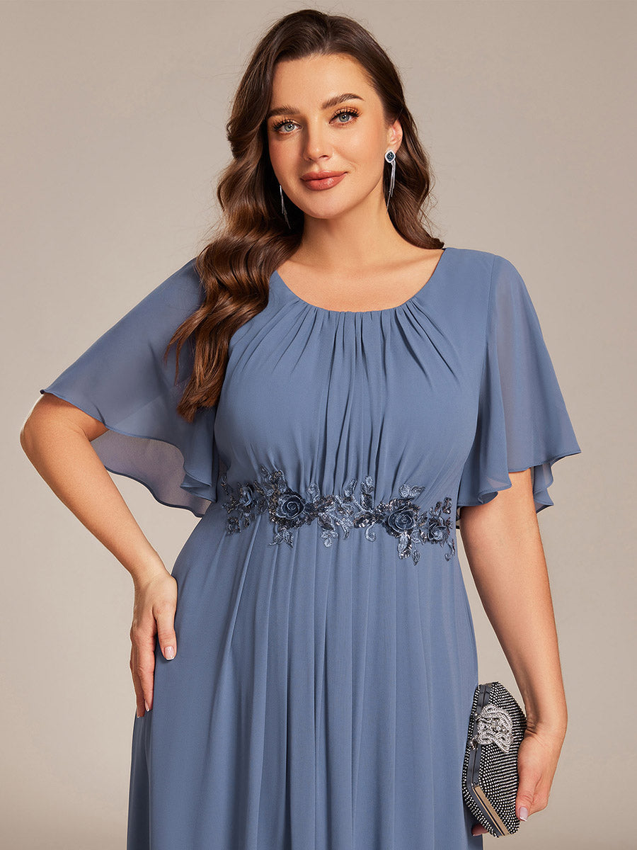 Pleated Short Sleeve Ruffled Maxi Evening Dress #color_Dusty Blue