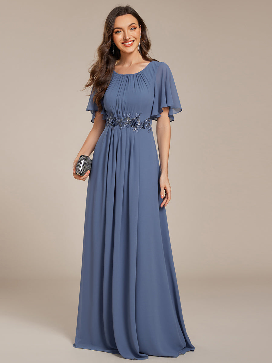 Pleated Short Sleeve Ruffled Maxi Evening Dress #color_Dusty Blue