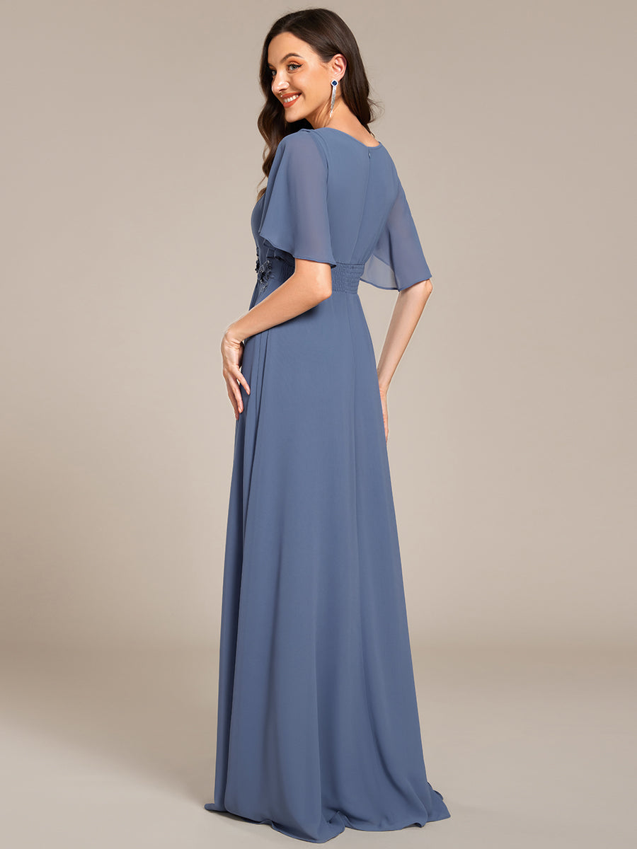 Pleated Short Sleeve Ruffled Maxi Evening Dress #color_Dusty Blue