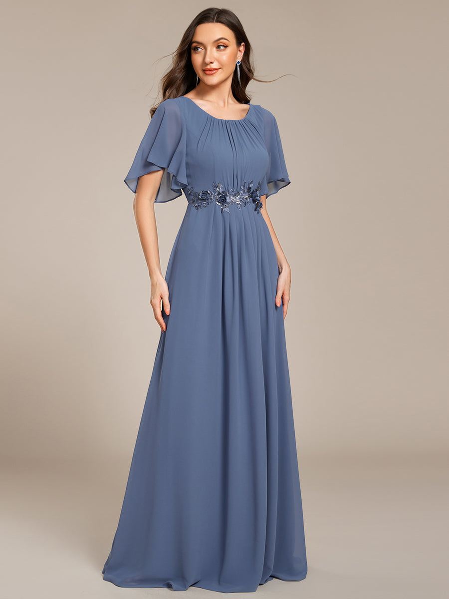 Pleated Short Sleeve Ruffled Maxi Evening Dress #color_Dusty Blue