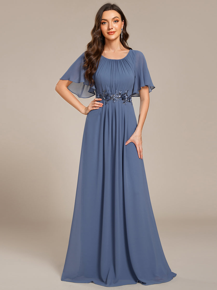 Pleated Short Sleeve Ruffled Maxi Evening Dress #color_Dusty Blue