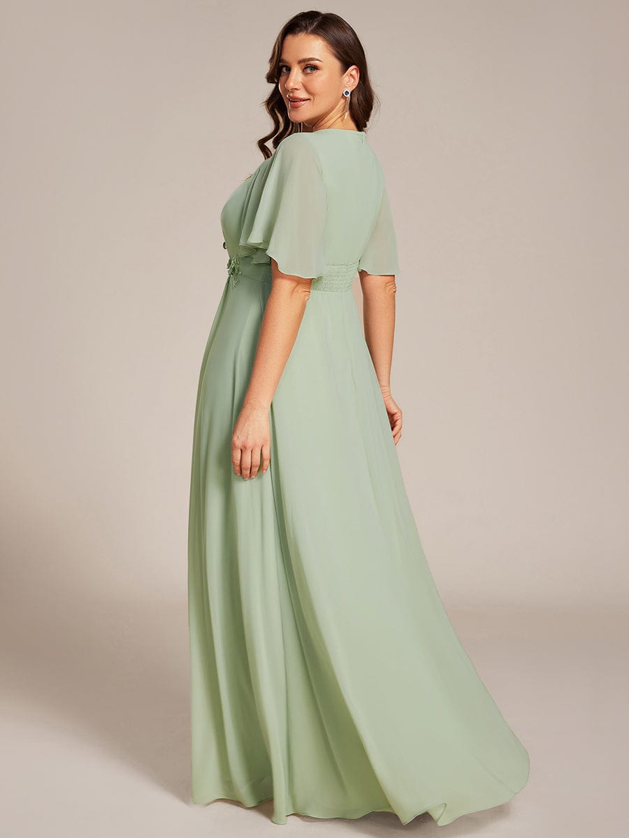 Plus Size Pleated Short Sleeve Ruffled Maxi Evening Dress #color_Mint Green