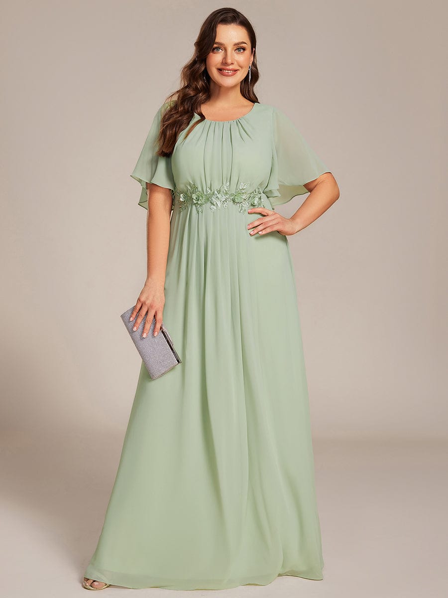 Plus Size Pleated Short Sleeve Ruffled Maxi Evening Dress #color_Mint Green