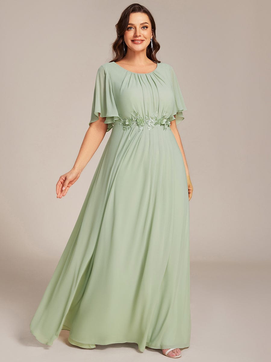 Plus Size Pleated Short Sleeve Ruffled Maxi Evening Dress #color_Mint Green