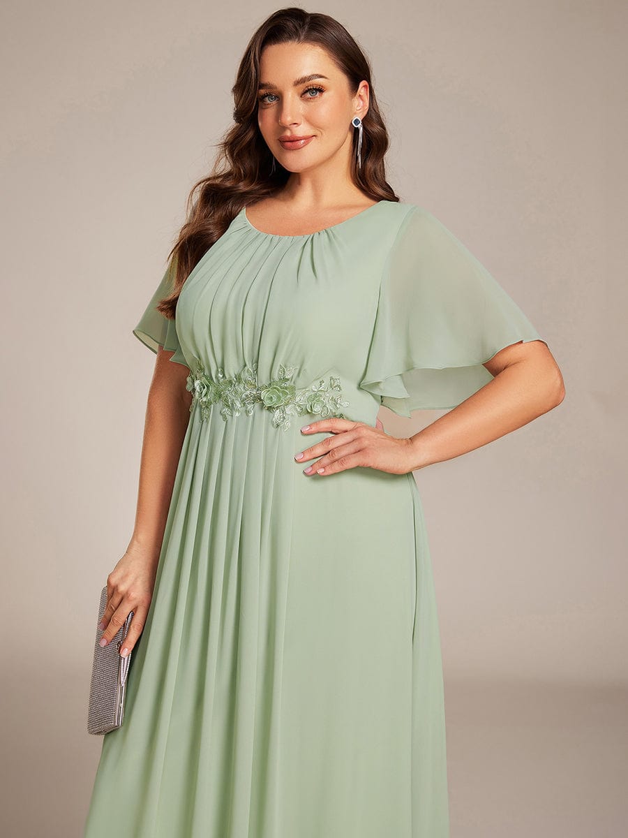 Plus Size Pleated Short Sleeve Ruffled Maxi Evening Dress #color_Mint Green