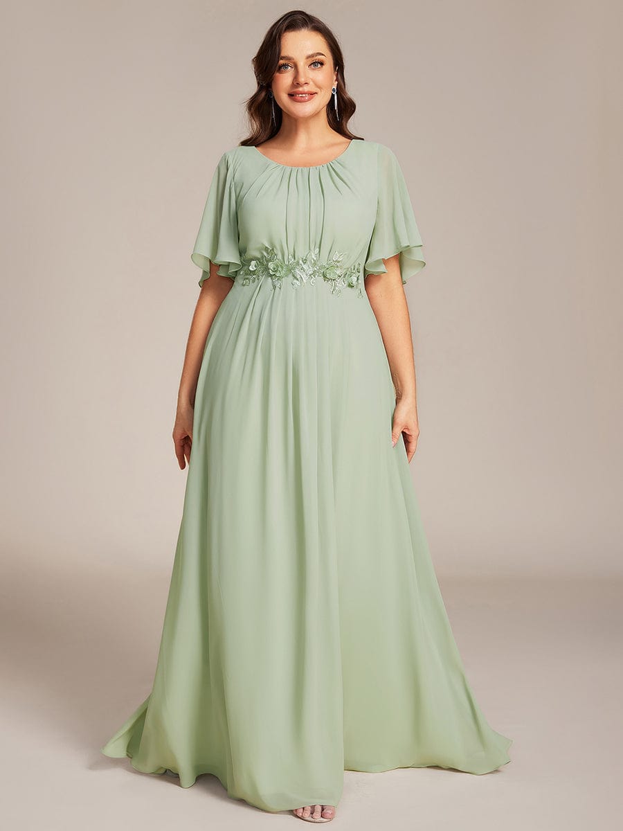 Plus Size Pleated Short Sleeve Ruffled Maxi Evening Dress #color_Mint Green