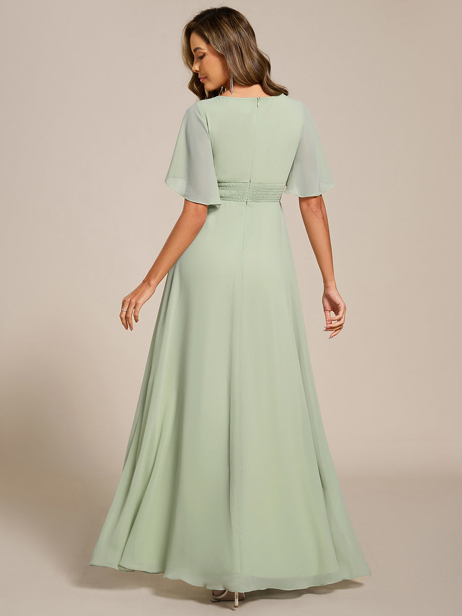 Pleated Short Sleeve Ruffled Maxi Evening Dress #color_Mint Green