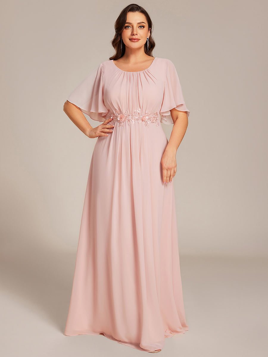 Pleated Short Sleeve Ruffled Maxi Evening Dress #color_Pink