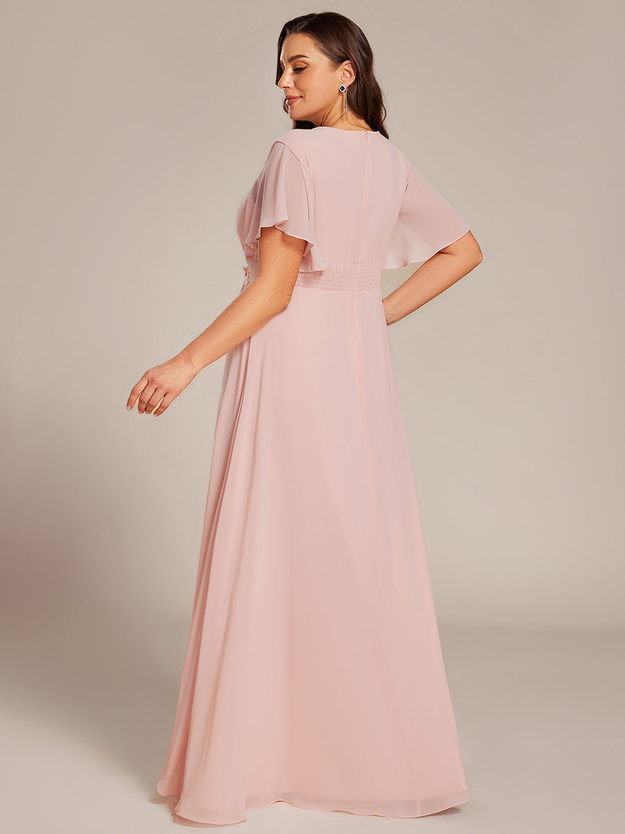 Pleated Short Sleeve Ruffled Maxi Evening Dress #color_Pink