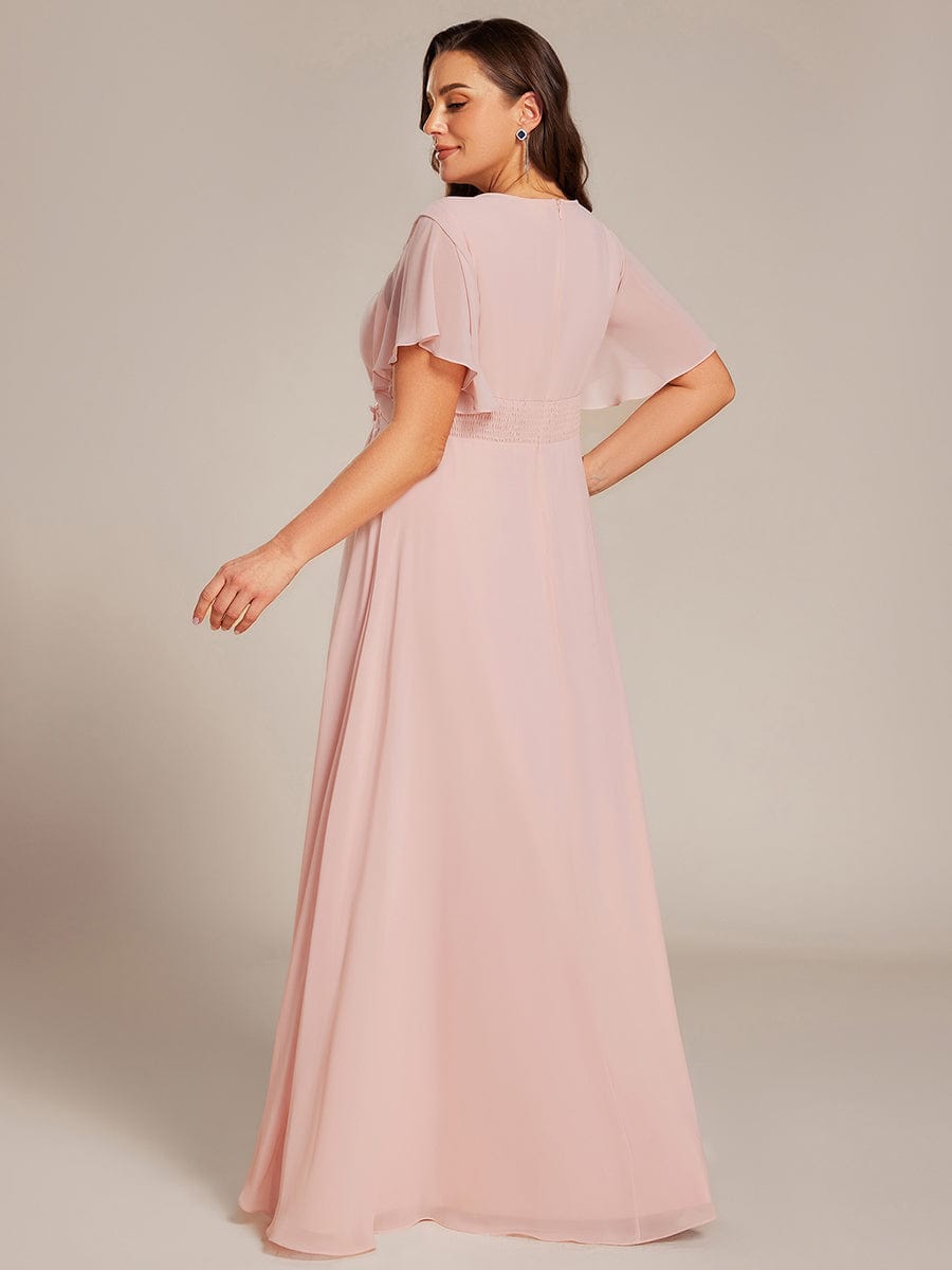 Plus Size Pleated Short Sleeve Ruffled Maxi Evening Dress #color_Pink