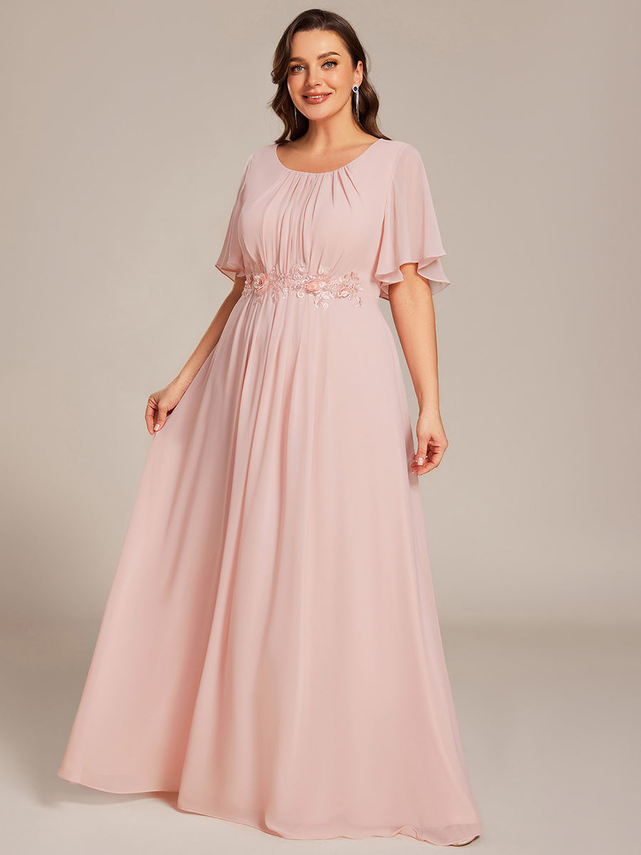 Pleated Short Sleeve Ruffled Maxi Evening Dress #color_Pink