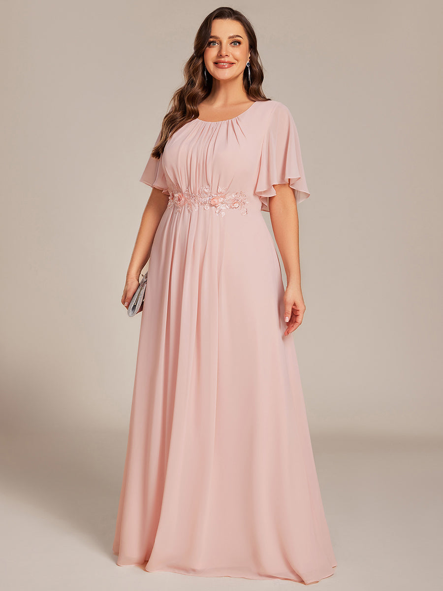 Pleated Short Sleeve Ruffled Maxi Evening Dress #color_Pink