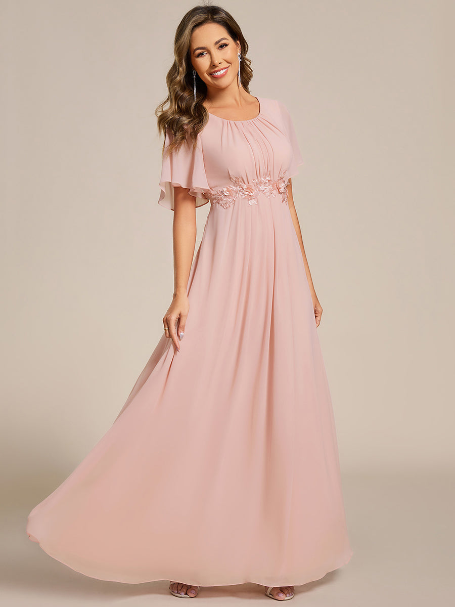 Pleated Short Sleeve Ruffled Maxi Evening Dress #color_Pink