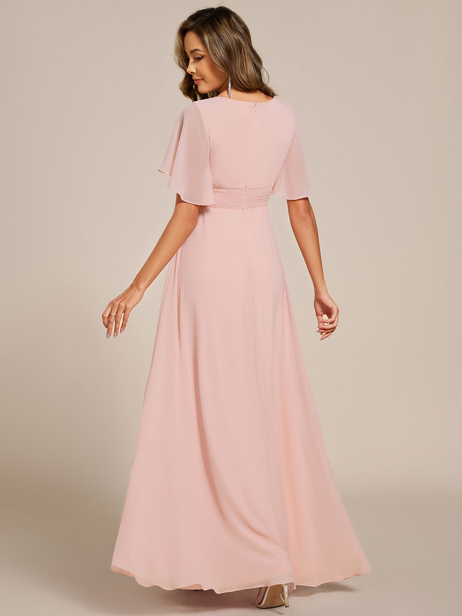 Pleated Short Sleeve Ruffled Maxi Evening Dress #color_Pink